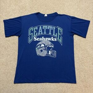 Vtg Seattle Seahawks Shirt Mens Large Blue NFL Football Helmet USA 80s Champion